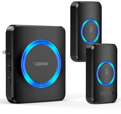TECKNET Wireless Bell, IP65 Wireless Bell Outdoor Waterproof Wireless Doorbell Set 600 m Range, Front Door Bell Kit with 1 Plug-In Receiver and 2 Transmitters, 60 Melodies Doorbell with LED Flash