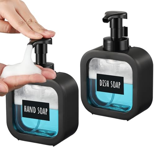 Segbeauty Dispenser Sapone Schiuma, 2 Pezzi 300ml Dispenser Sapone Nero, Erogatore Sapone Liquido Vuote, con Pompa in Schiuma e Etichetta, per Bagno Cucina
