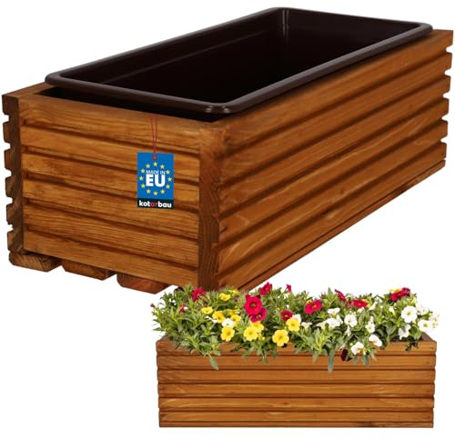KOTARBAU® Blomlåda av trä 44 x 20 cm med innerkruka balkonglåda ekfärg balkongkruka blomkruka blomlåda blomkruka balkong trädgård terrasser låda med insats