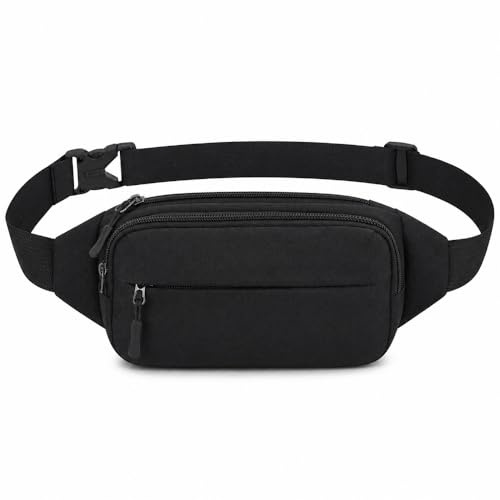 Resistente al Agua riñonera Bolsa de Cintura 4 Bolsillos con Cremallera Bolsa riñonera de Viaje Senderismo al Aire Libre Deporte Vacaciones Dinero Bolsa de Cadera Paquete (Negro-A)