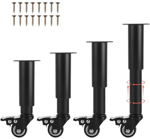 WOPPLXY 4 Pcs 7-10 Inch Metal Adjustable Furniture Legs with Swivel Caster Wheels, Heavy Duty Replacement Support Legs, Metal Legs for Table with Wheels for Cabinet/Sofa/Bed/Dresser/Couch/Coffee Table