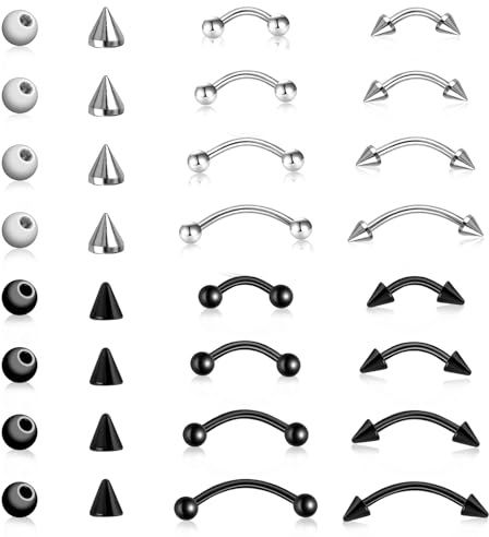 Telooco 16 Pcs Eyebrow Rings, Surgical Steel Curved Barbell Tiny Eyebrows Ring, Vertical Labret Lip Jewelry Ear Rook, Unisex Eyebrow Piercing Jewelry (Steel, Black)