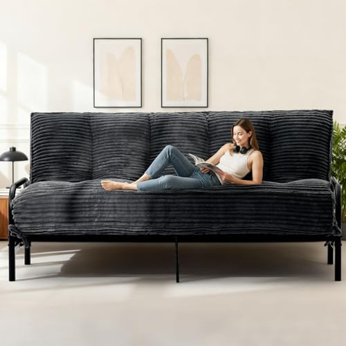 feliz home 10 Futon Mattress Queen Size,Futons Sofa Couch Bed with Straps, Thick Corduroy Floor Mattress for Adults, Roll Up Folding Mattress Shredded Foam Filling, Medium Firm (Black, Queen)