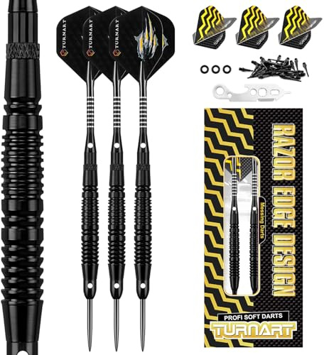 Turnart Dardos con punta de plástico, 18 g de latón, dardos profesionales para diana electrónica, juego de dardos con 30 puntas, 6 plumas, 6 vuelos, 1 herramienta y 3 juntas tóricas