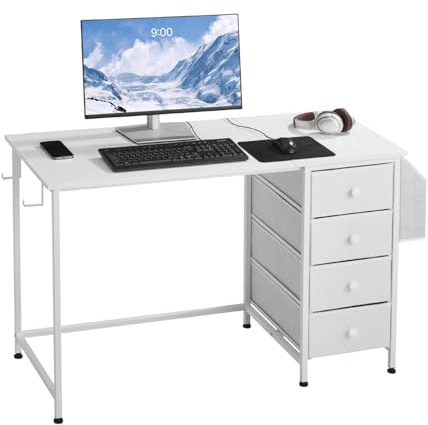 VEVOR Computer Desk with Fabric Drawers, 120 cm Reversible Study Work Writing Desk for Modern Home Office Bedroom, Simple Modern Cute PC Table Metal Frame Business Furniture, White