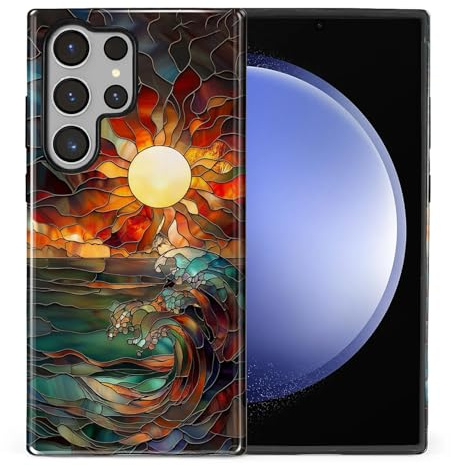 Flivro Case for Samsung Galaxy S23 Ultra, 2 in 1 PC Hard Shell & Silicone Inner Bumper, AntiScratch Fullbody Cover Shockproof Slim Design Stained Glass Sun Waves