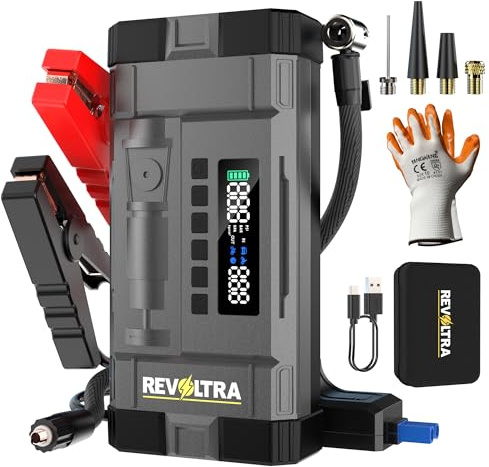Revoltra 9-in-1 Jump Starter Power Pack With 150PSI Air Compressor, 6000A Car Battery Booster Jump Starter, Car Starter Power Bank With Jump leads & Insulated Gloves