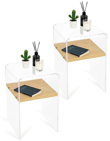 Mobiltema - comodino plexiglass trasparente, stretto e piccolo effetto vetro, tavolino da salotto moderno in acrilico, da soggiorno di design, laterale da divano, 35x54x35 (2 comodini, ripiano rovere)
