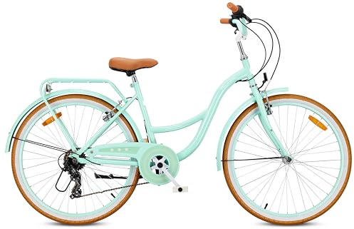 sun baby FLOWER BIKE RETRO – bicicletta donna 26 pollici, Shimano 7 velocità, portapacchi, cavalletto, parafanghi, copricatena, city bike retrò - Menta
