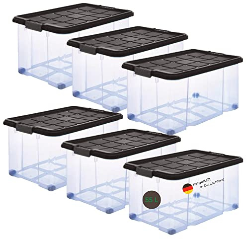 Novaliv 6x Ordnungsboxen mit Deckel Rollen 55l 61x40x34 transparent Grau Anthrazit Groß Boxen Aufbewahrung Eurobox Box Kiste Plastic Storage Boxes big storage box