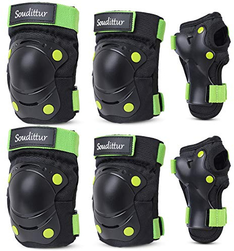 Protezioni Set per Bambini Regolabile Ginocchiere Polso Gomitiere Protettivi Sportivi per Skateboard Pattini Scooter BMX e Bicicletta Protezione Kit Bambina 6-10 anni, Nero/Verde