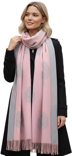 Cashmere Mulberry Tree Blanket Scarf - Reversible Pashmina Shawl, Winter Wrap, Warm Tree of Life Print, Large Ladies Scarves, Womens Gifts (Blush Pink)