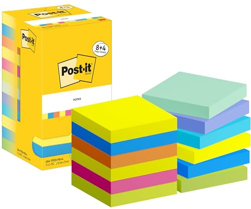 Post-it Notas Colección Energetic Color - Paquete de 8 Blocs + 4 Gratis, 100 Hojas por Bloc (76 mm x 76 mm) - Amarillo, Azul, Rosa y Verde - Adhesivas para Listas de Tareas y Recordatorios