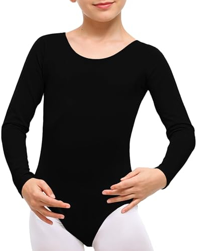 The Fancy Dress® Flickor Bomull Stretch Trikåer Barn Skola PE Balettdans Gymnastik Hela ärmar Kroppsdräkt Ålder 3-13 år, Svart, 9-10 Years
