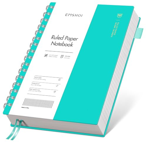 EMSHOI A5 Notebook Lined, Spiral Journal, 300 Pages, PVC Cover, Light Blue | 100GSM Paper, Flexible Plastic Cover, Notepad with Sticky Notes, Pocket, Pen Loop, Bookmark Ruler for Writing, 14.5 x 21cm