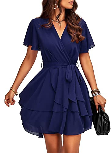 TcIFE Robes Casual pour Femme Col en V Manches Courtes Robe Ceinture Nouée Volants Chic et Elegant Mini Robes pour Plage Cocktail Party, Bleu Marine, L