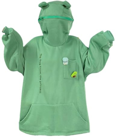 osiuujkw Felpa con cappuccio a forma di rana carina Inverno caldo e ampio Felpa oversize ampia e spessa calda invernale in poliestere caldo e morbido, verde, XL