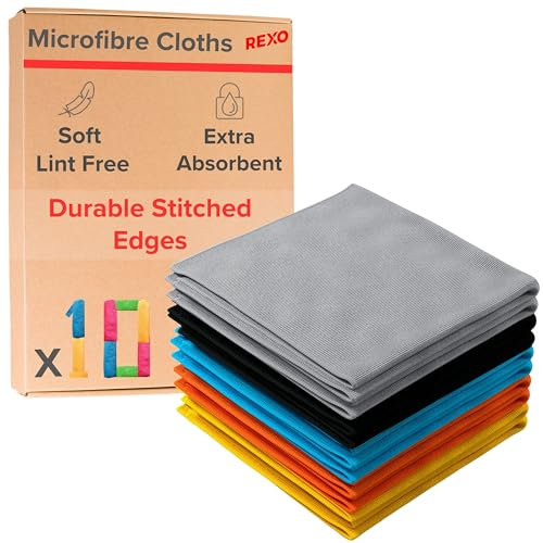 REXO - Microfibre Cloth 30x30cm Pack Of 10 Lint Free And Streak Free 300gsm Cleaning Cloths Wipes For Home Furniture Polish, Kitchen, Car Cleaning, Bathroom, Window, Glass, Mirror And More (Mixed)