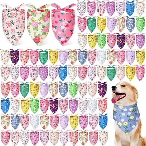 Jeere 100 Pcs Spring Dog Bandanas Bulk Floral Dog Bandanas for Dogs Triangle Kerchief Bibs Scarf Set for Pet Costume Photo Props Accessories Pet Shops Adoption Events, 25 Styles(25.6 x 17.7 x 17.7)