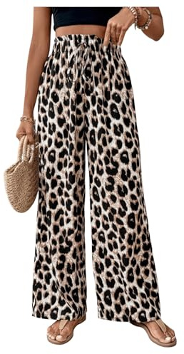 GORGLITTER Women's Leopard Print High Waisted Trousers Tie Front Wide Leg Casual Palazzo Pants Brown Large