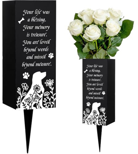 WEBEEDY Dog Cemetery Vases with Spikes Metal Memorial Vases for Graves Pet Cemetery Decorations Dog Bones Flower Butterfly Pattern Black Grave Flower Holder for Outside Pet Grave Ornaments, 8x20 cm