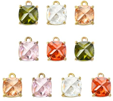 Airssory 10 ciondoli quadrati in ottone con zirconia cubica da 7 mm, 5 colori, per gioielli fai da te, bracciali, collane, orecchini, borse, portachiavi, decorazioni per telefono
