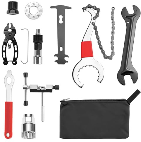 QWORK® 10 Piezas Kit de herramientas reparación para bicicletas, incluye extractor de cassette, extractor de bielas, tronchacadenas y llave para radios