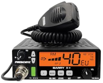 President Barry II+, Radio CB 12V 24V, comunicación Am FM, Pantalla LCD a Color, Manos Libres VOX, Filtro de Ruido, función de Salto de escaneo, USB, Radio CB compacta para automóvil y camión