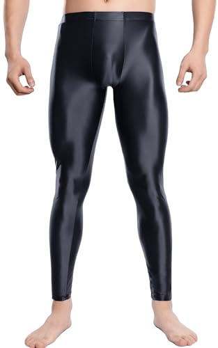 AIEOE Herrleggings glänsande skinny sportleggings lätta genomskinliga strumpbyxor tajta löparbyxor mjuka underbyxor tights stretch, svart, L
