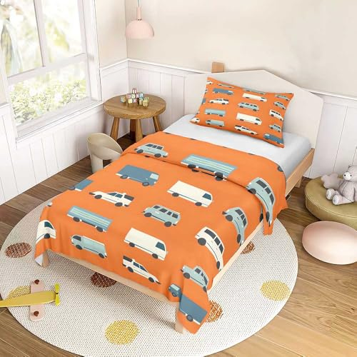 Hiseng Duvet Cover Set, Cartoon Cars Duvet Cover with 1/2 Pillow Case Microfiber Bed Linen, Bedding Sets for All Season and Single & Double Beds (Orange Blue,2pc-120x150cm)