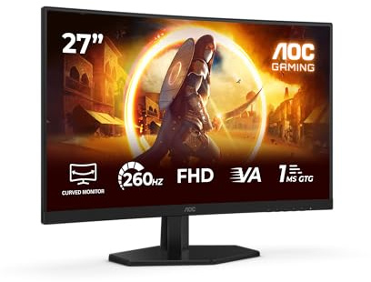 AOC Spelskärm, böjd, C27G42ZE 27 tum 260 Hz, Fast VA Dalle, 0,3 ms MPRT, HDR10, FreeSync Premium (1920 x 1080 HDMI 1 x 2.0 DP 1 x 1.4), svart