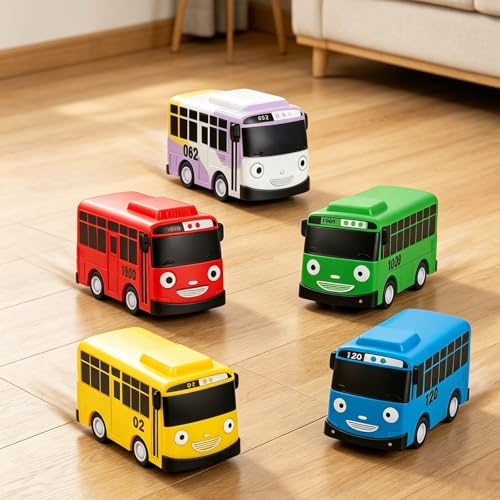 JISRKP 5‑Pack Bus Model Set, Pull‑Back Plastic Bus Figurines with Smooth Rolling Wheels, Realistic Vehicle‑Themed Display Models for Diorama Layout, Novelty Souvenir for Hobby‑Oriented Recipients