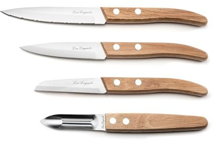 LOU LAGUIOLE - Set de 4 couteaux de petite coutellerie - Eplucheur, Bec d'oiseau, Couteaux d'office - Acier inoxydable 13 C, Finition Satinée- Bois clair