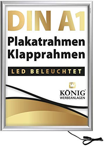 Dreifke LED Plakatrahmen DIN A1 | LED beleuchtet, Leuchtrahmen | 25mm Aluminium Profil, silber | inkl. entspiegelter Schutzscheibe | Alu Klapprahmen Wechselrahmen Posterrahmen