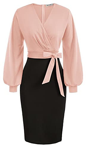 Damen Hips-wrapped kleid Arbeit Bodycon Hochzeit Gast Büro Kleider V-Ausschnitt Langarm Bleistiftkleid mit Gürtel M Rosa-Schwarz CL0761S21-02