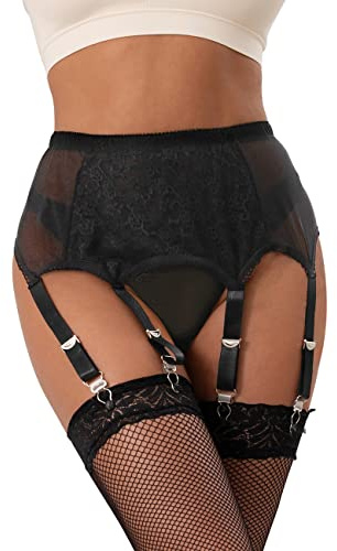 ohmydear Lace Suspenders Belt for Stockings Women 6 Straps Black Garter Belt Plus Size Sexy Lingerie Set Matching Thongs Uk 12-14