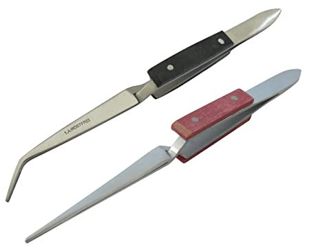 2er Lötpinzetten Set, gerade und gebogene Spitze, gerieft - Klemmpinzette, Kreuzpinzette, Technische Pinzette - 16 cm - Modellbau