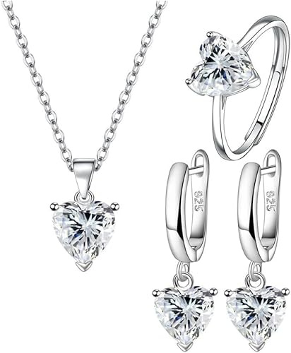 TTPSRY Pendientes de plata Conjunto Aretes Anillos Collar Corazón Pendiente con Cubic Zirconia Brillantes Regalo para la Fiesta de Bodas (Blanco)