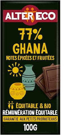 ALTER ECO - Tablette Chocolat Noir 77% - Notes Intenses Et Fruitées - Bio & Équitable - Sans Lécithine - Origine Ghana - 100 g