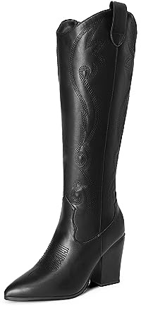 DREAM PAIRS Cowboy boots Cowgirl Western Boots Women Fashion knee high boots Block Heel,Size 5.5,Black,SDKB2302W