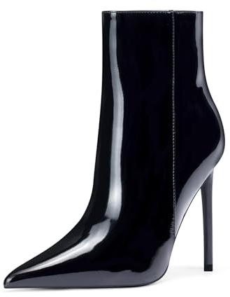 GENSHUO Stivaletti alla caviglia da donna con punta a punta, tacco alto da 11 cm, con cerniera, tacchi a spillo, stivaletti autunnali, pelle verniciata nera, 38.5 EU