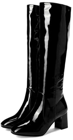WOkismD Botas Altas hasta la Rodilla de Charol para Mujer, cómodas, con tacón Grueso, Punta Cuadrada, Cremallera Lateral, Botas largas, Zapatos de Vestir,Negro,38