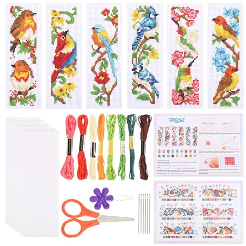 ORIGACH Kit de 6 marque-pages au point de croix thème des oiseaux | avec instructions pour débutants - Kit de bricolage imprimé au point de croix pour les amateurs de