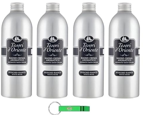 4 x Tesori d'Oriente Bagno Crema Muschio Bianco, bagni di schiuma con muschio bianco, puliscono la pelle e donano sostanze nutritive e idratanti, 500 ml + portachiavi Beni Culinari gratuito