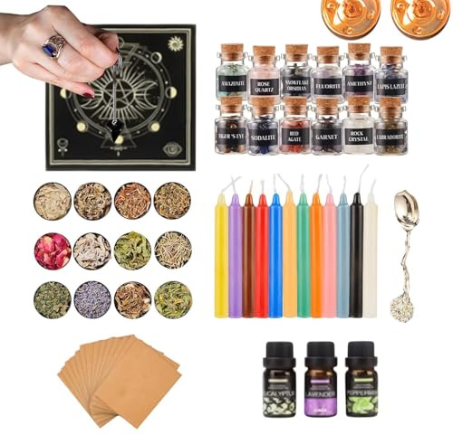 Forniture per streghe Wicca Altare - Set completo di strumenti per l'altare, spezie candele di cristallo | Esperti per principianti Accessori spirituali per stregoneria, kit rituale pagano unico