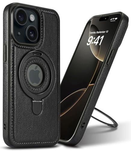 Mixroom - Custodia Cover Case per iPhone 13 / iPhone 14 con cerchio anello stand supporto cellulare in Ecopelle elegante e TPU Silicone Morbido C03 Nero