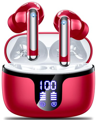 Wireless Earbuds Bluetooth 5.3 Kopfhörer in Ear mit 4 ENC Noise Cancelling Mic 2025 New Ear Buds 42h Spielzeit HiFi Stereo Deep Bass Ohrhörer IP6 Wasserdicht LED Display Bluetooth Earbuds USB-C Rot
