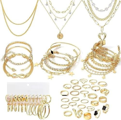 CHarmeFleur Conjunto de joyería bañado en oro de 38-59 piezas (8-9 sets) con 8 collares, 12 pulseras, 27 anillos, 12 pares de pendientes, joyas sencillas y brillantes para mujeres