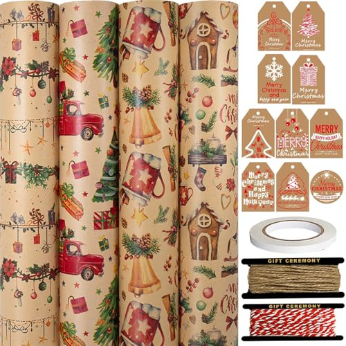 HaloCasa Papier Cadeau de Noël - Set de 4 Rouleaux Papier Kraft Recyclé à Motifs Rétro (43cm x 3m) avec Étiquettes Cadeau et Ficelle de Jute pour Calendrier de l'Avent et Emballages Cadeaux