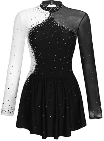 Loodgao Abito da Pattinaggio Artistico su Ghiaccio Donna Chiffon Strass Vestito Ritmica Leotards Classica Tutu Body Pattinaggio Rotelle Costume di Ginnastica Nero S
